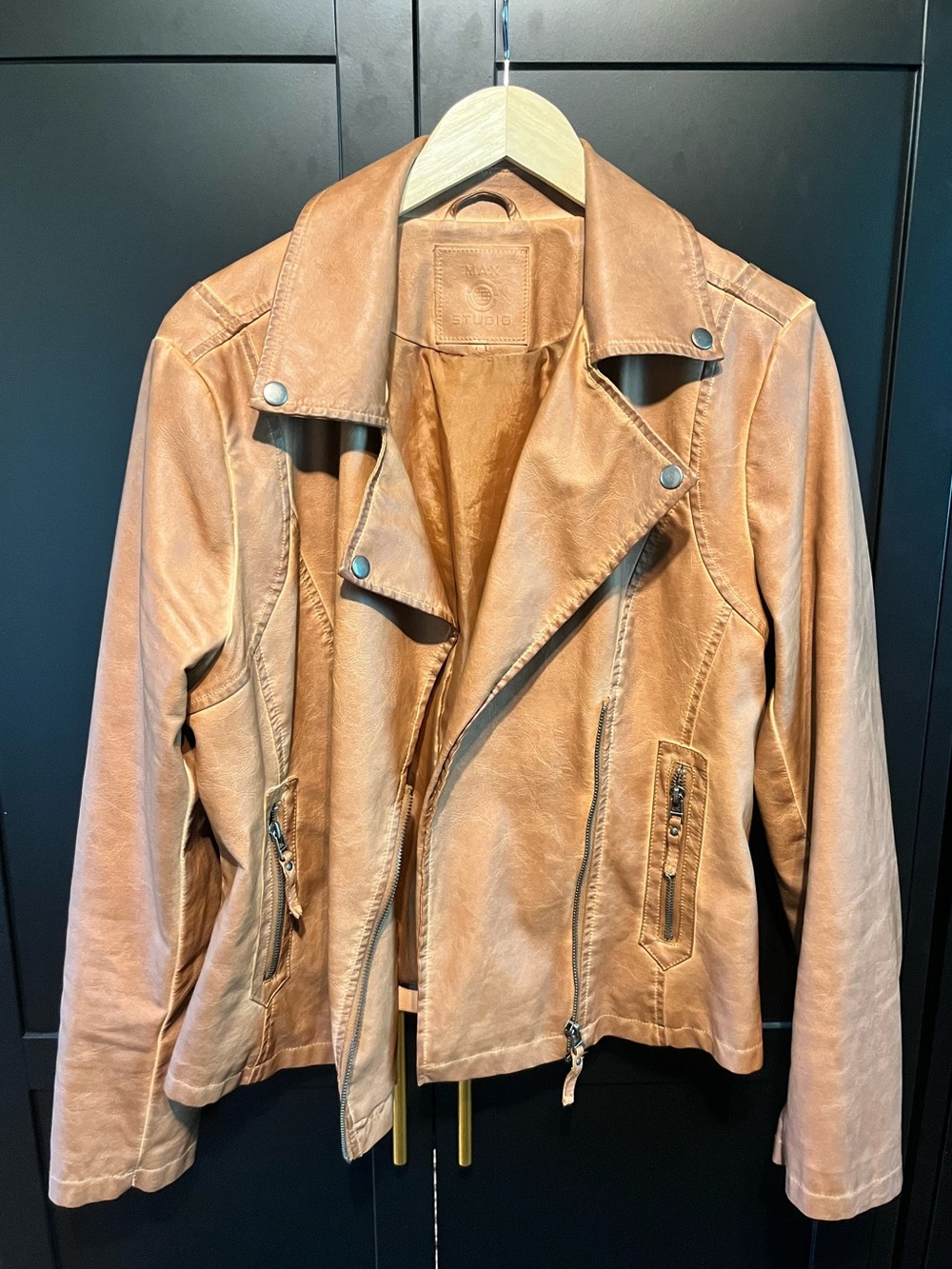 Max Studio Cognac Leather Moto Jacket Cognac Brown Faux Leather